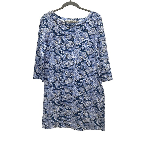 Gretchen Scott Paisley Print Dress 3/4 Sleeve Casual Blue White M - Picture 2 of 4
